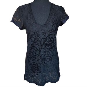 2000s Vanity Lace Velvet Rose V Neck Top